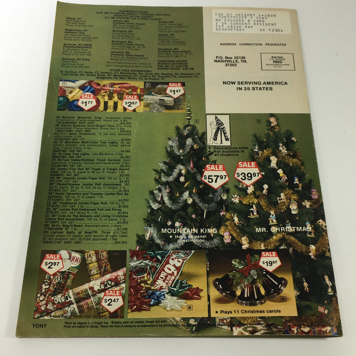 VTG 1980 Service Merchandise Catalog Showroom Holiday Toy Sale Price Guide featuring Christmas decorations and toys on sale, including prices for Mountain King and Mr. Christmas items, highlighted sales, and a decorative Christmas tree.