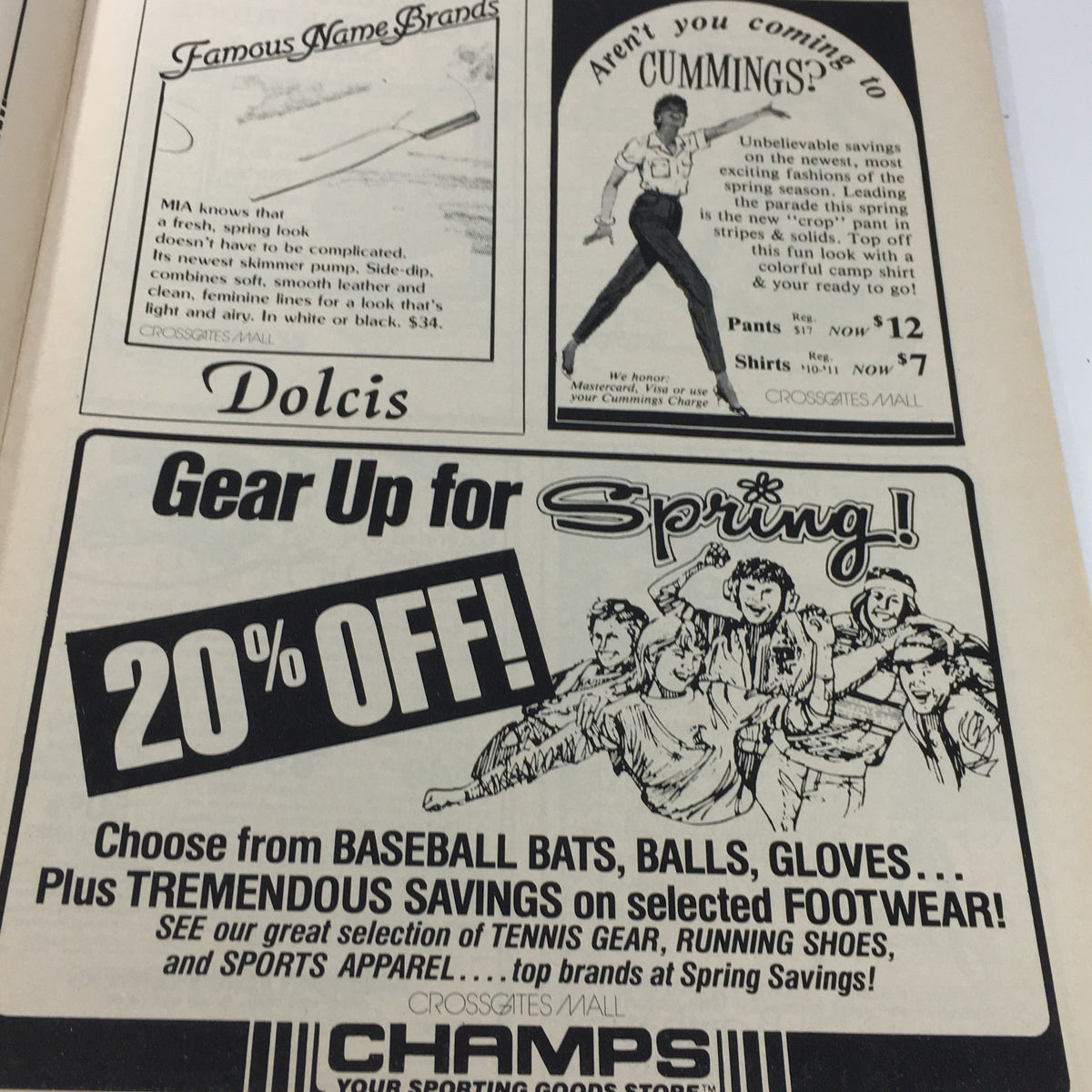 Inside page of the VTG 1984 Fashion Crossgates Mall catalog showcasing advertisements for famous brands with a focus on promotions and discounts for spring.