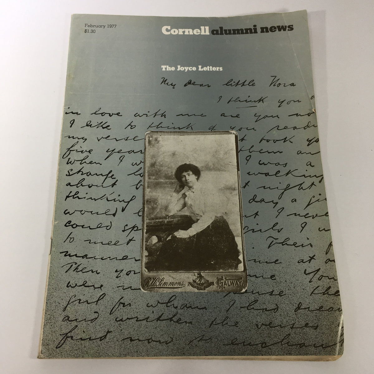 VTG Cornell Alumni News February 1977 - The Joyce Letters cover featuring a vintage photograph and handwritten notes, showcasing historical content related to Joyce's letters.