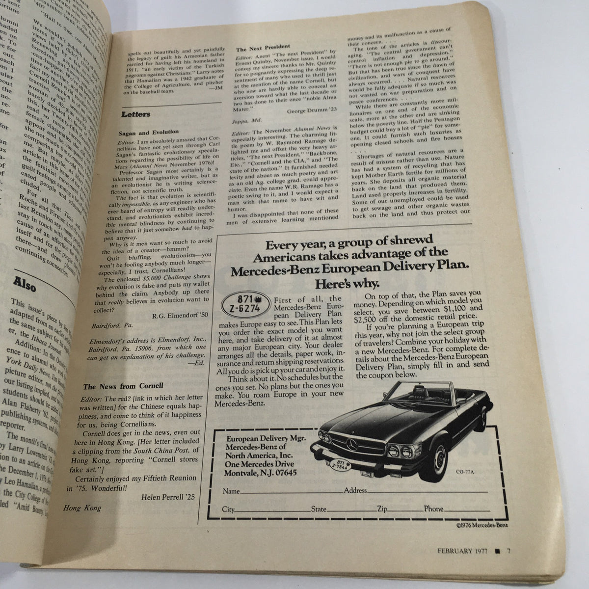 Interior page of the VTG Cornell Alumni News February 1977 - The Joyce Letters / Price Guide Catalog featuring letters section with advertisement.