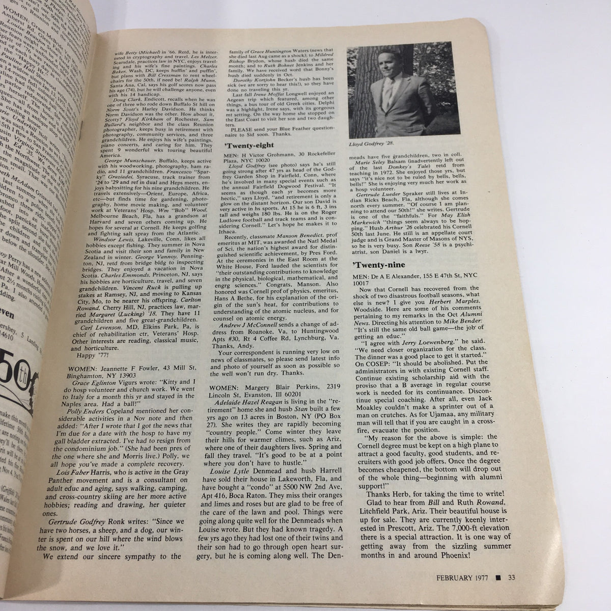 Interior page of the VTG Cornell Alumni News February 1977 - The Joyce Letters / Price Guide Catalog highlighting notable names and information.