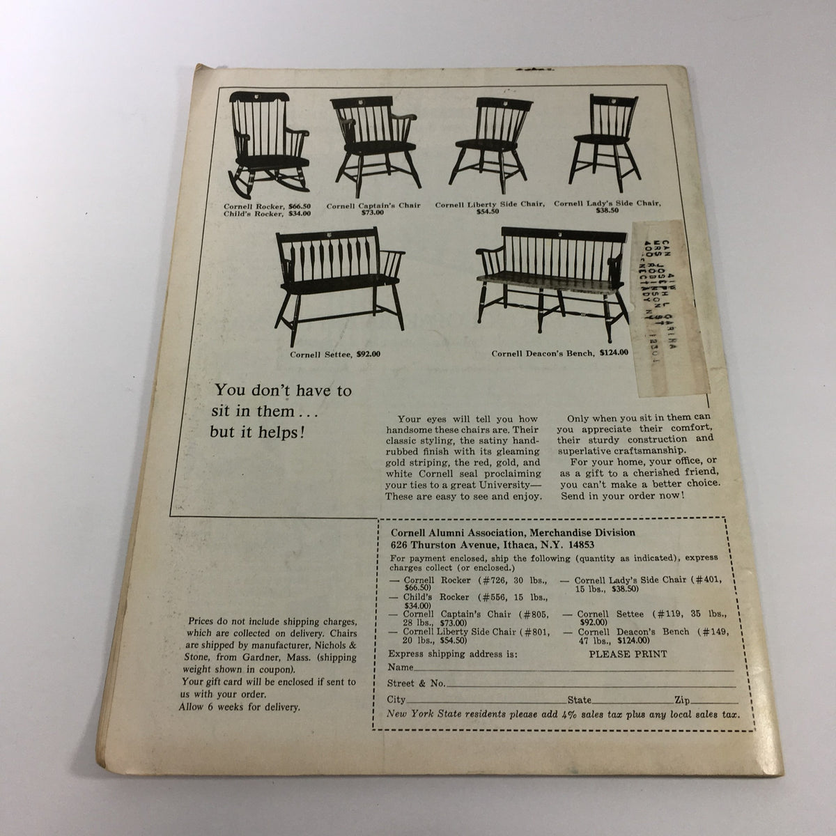 Back cover of the VTG Cornell Alumni News February 1977 - The Joyce Letters / Price Guide Catalog with merchandise offerings.
