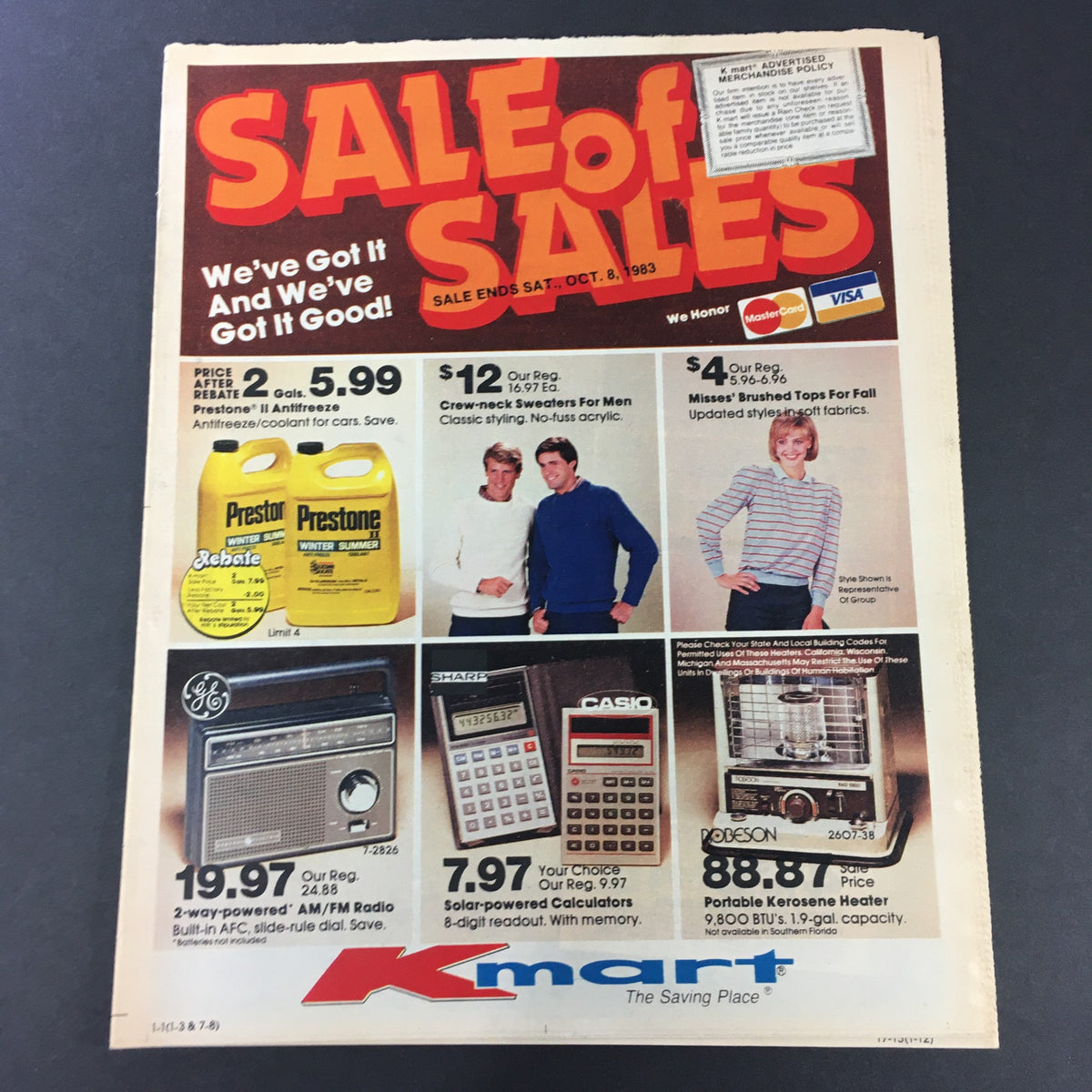 VTG Retro 1983 Prestone Winter Summer Break Fluids Circular Advertising Ads featuring a colorful Kmart sales advertisement with Prestone antifreeze products.