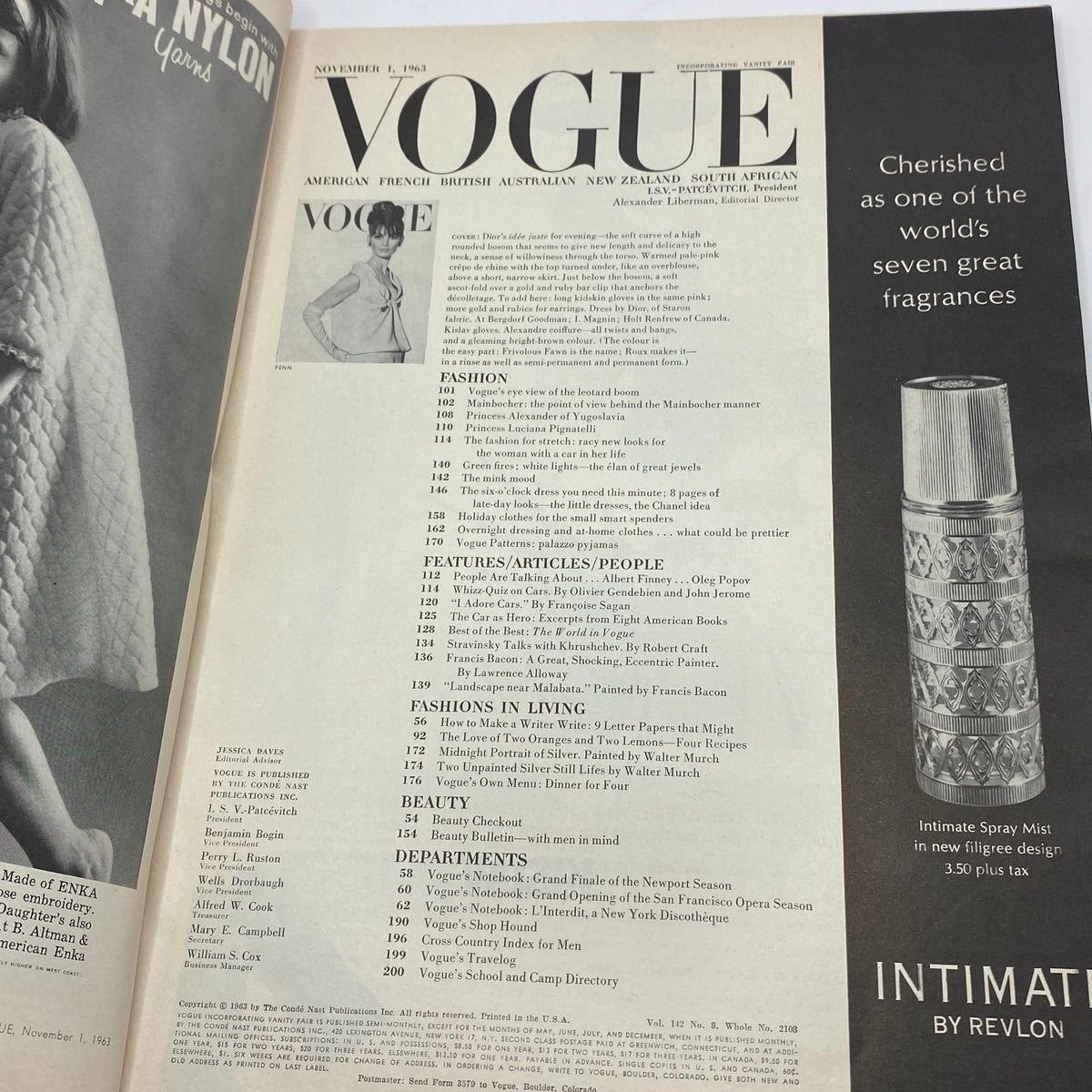 Table of contents of VTG Vogue Magazine November 1 1963 featuring Jean Shrimpton by Irving Penn, showcasing fashion articles and features.