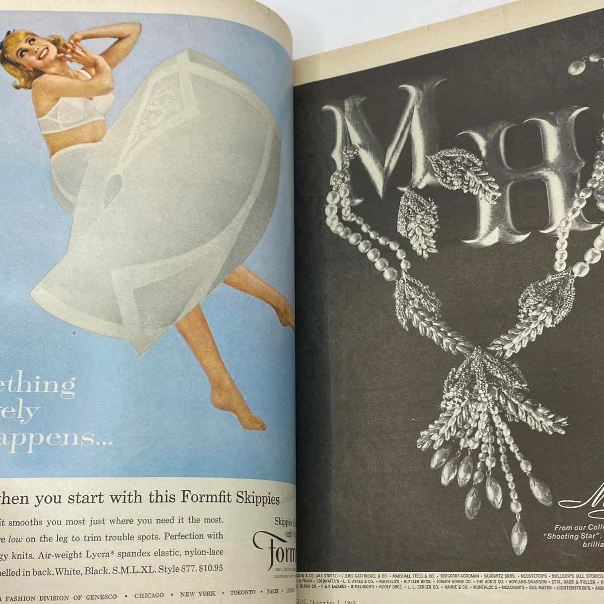 Vintage fashion advertisement from VTG Vogue Magazine November 1 1963 featuring a model showcasing Formfit Skippies undergarments and elegant jewelry.
