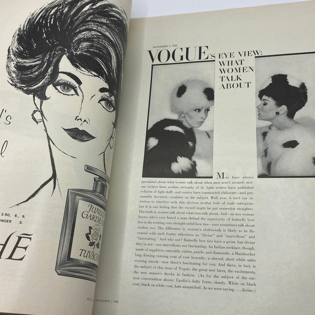 VTG Vogue Magazine November 1, 1962 Sophia Loren by Bert Stern displaying an editorial illustration alongside photographs of stylish women in fur hats. Highlights the fashion trends of the early 1960s.