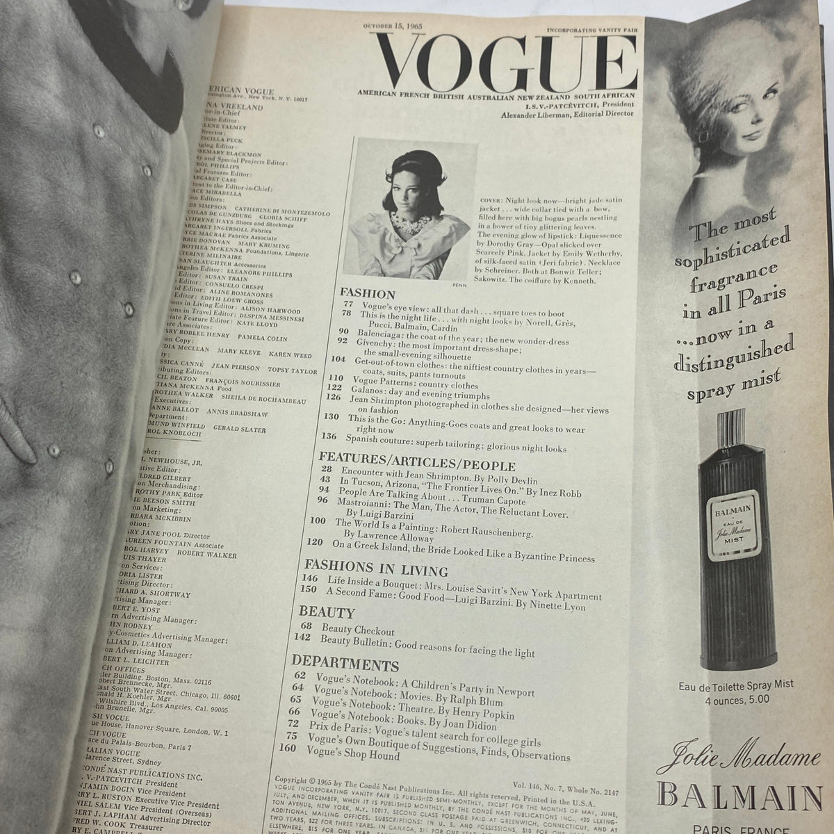 Page from VTG Vogue Magazine October 15 1965, featuring contents list with fashion articles, advertisements, and a profile of the cover star Marisa Berenson photographed by Irving Penn.