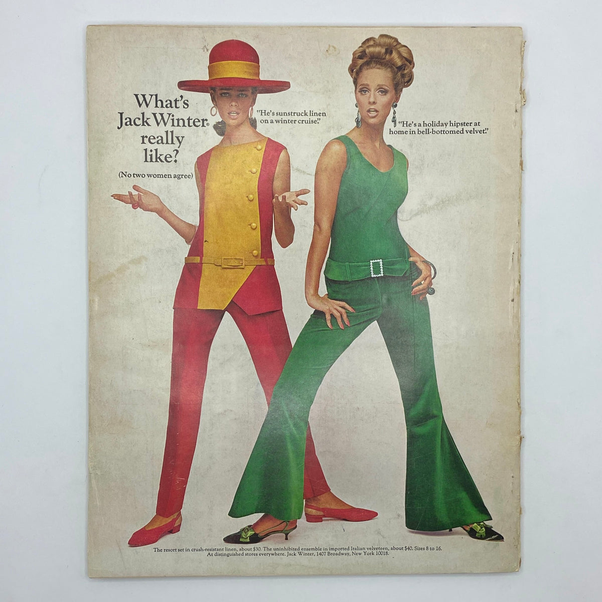 Back cover of VTG Vogue Magazine October 15 1965, showcasing a vibrant fashion advertisement featuring models in colorful outfits by Jack Winter.