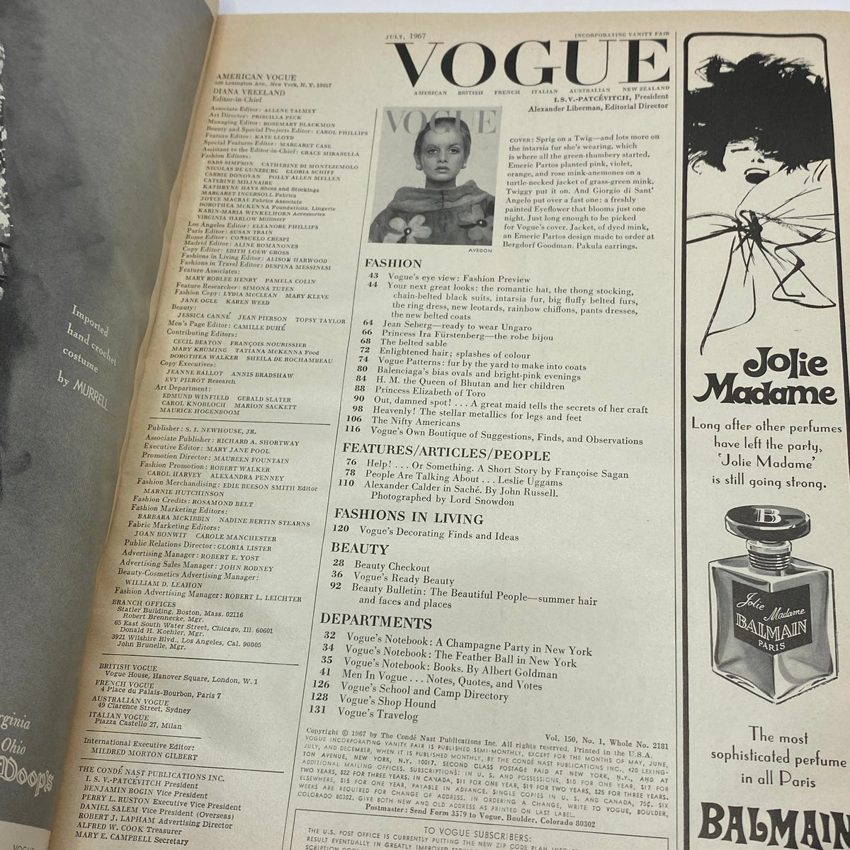 Interior page of the July 1967 VTG Vogue Magazine with contents listing and vintage fashion articles.