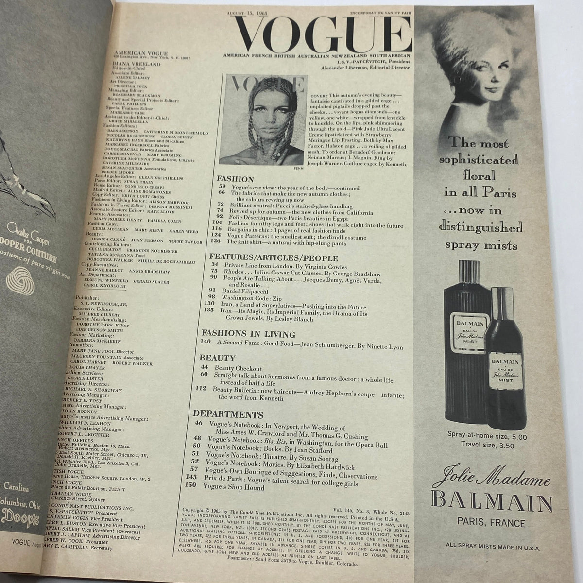 Interior pages of the VTG Vogue Magazine August 15 1965 featuring articles and advertisements highlighting fashion trends of the era.