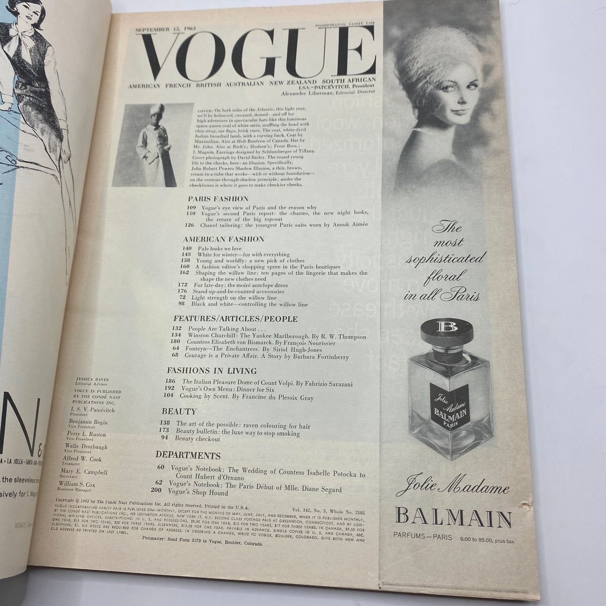 Interior page of VTG Vogue Magazine September 15, 1963 featuring contents including Paris Fashion and American Fashion articles. Stunning layout accompanied by an advertisement for Balmain perfume.