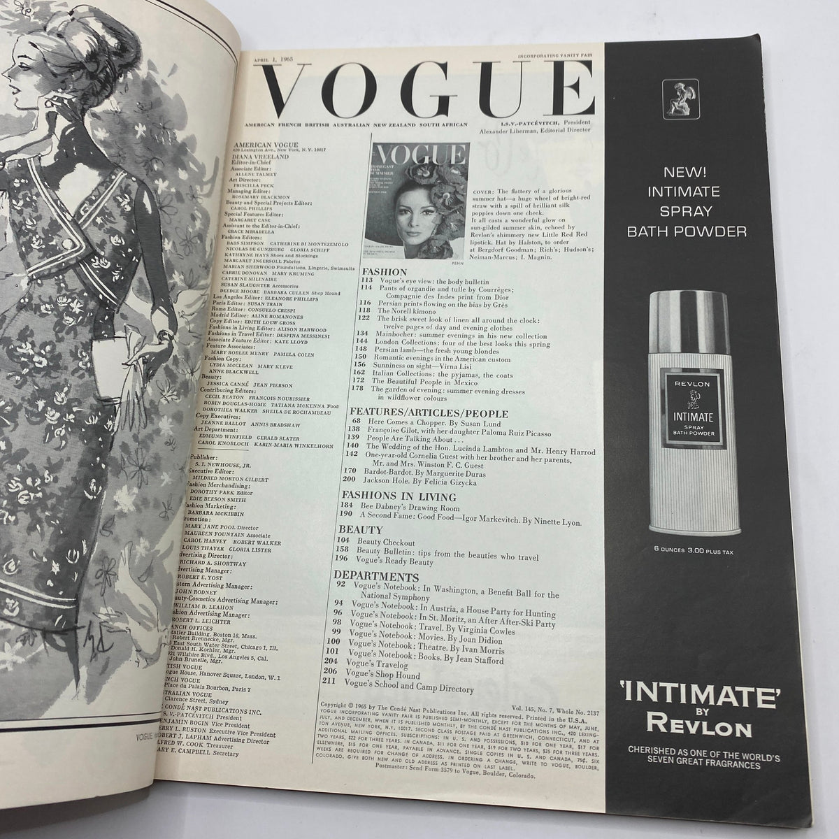 Interior page of the VTG Vogue Magazine April 1 1965 featuring an editorial illustration and article contents.