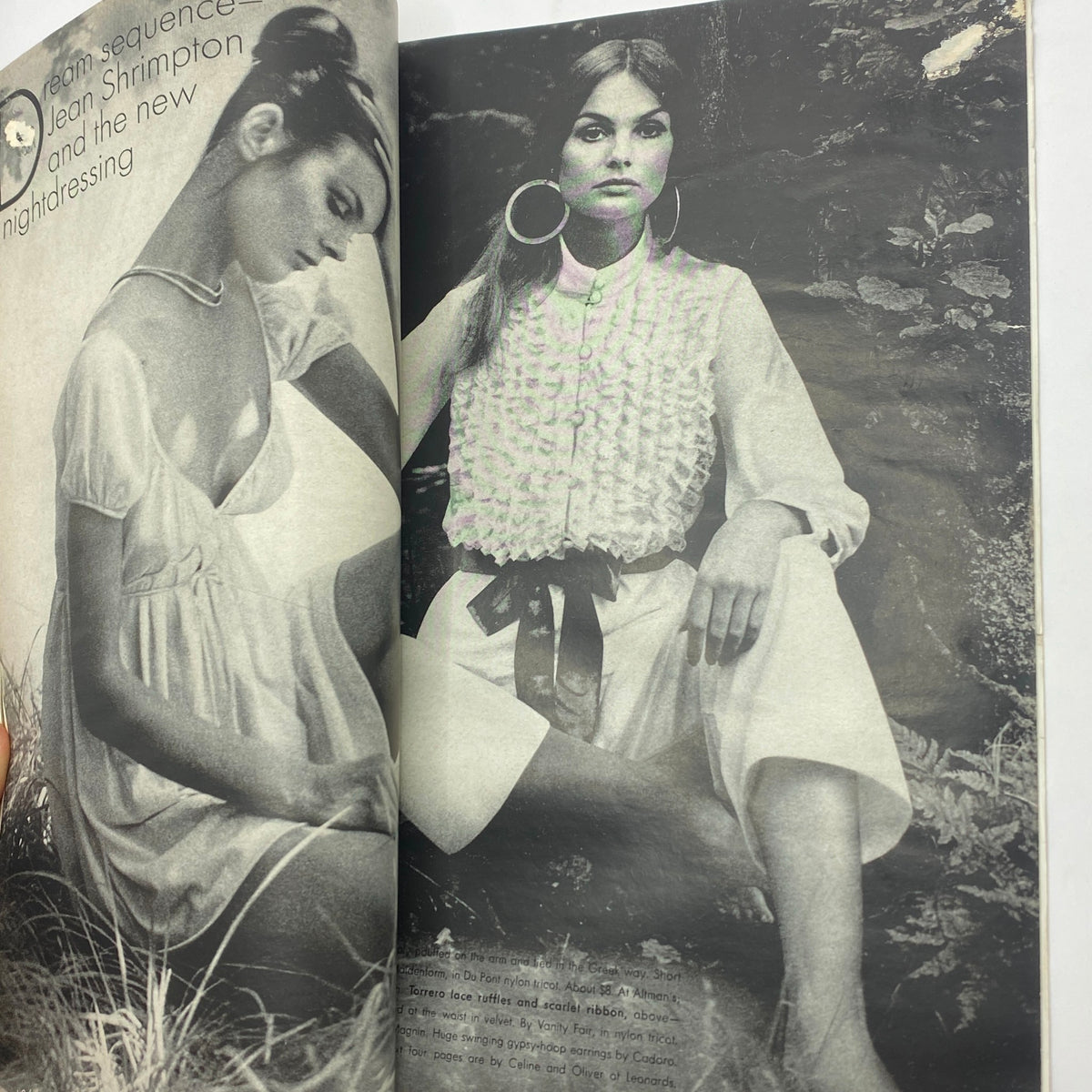 Inside page of VTG Vogue Magazine November 15, 1970 showcasing Jean Shrimpton in elegant nightdressing, capturing the essence of 1970s style with a focus on contemporary fashion trends.