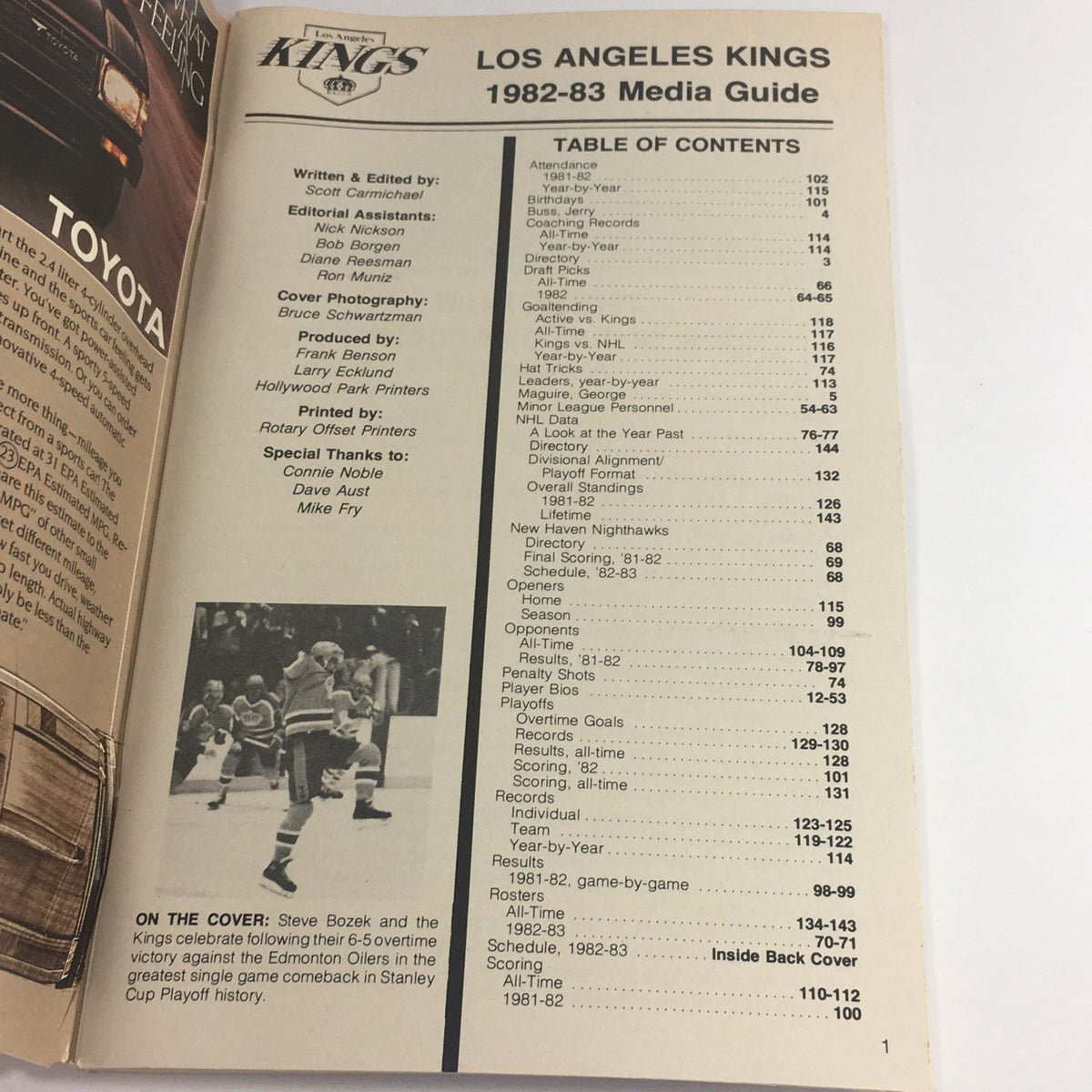 Interior page of the VTG NHL Official Media Guide 1982-1983 - Los Angeles Kings showing the table of contents and a photo of Steve Bozek and the Kings celebrating a historic playoff victory.
