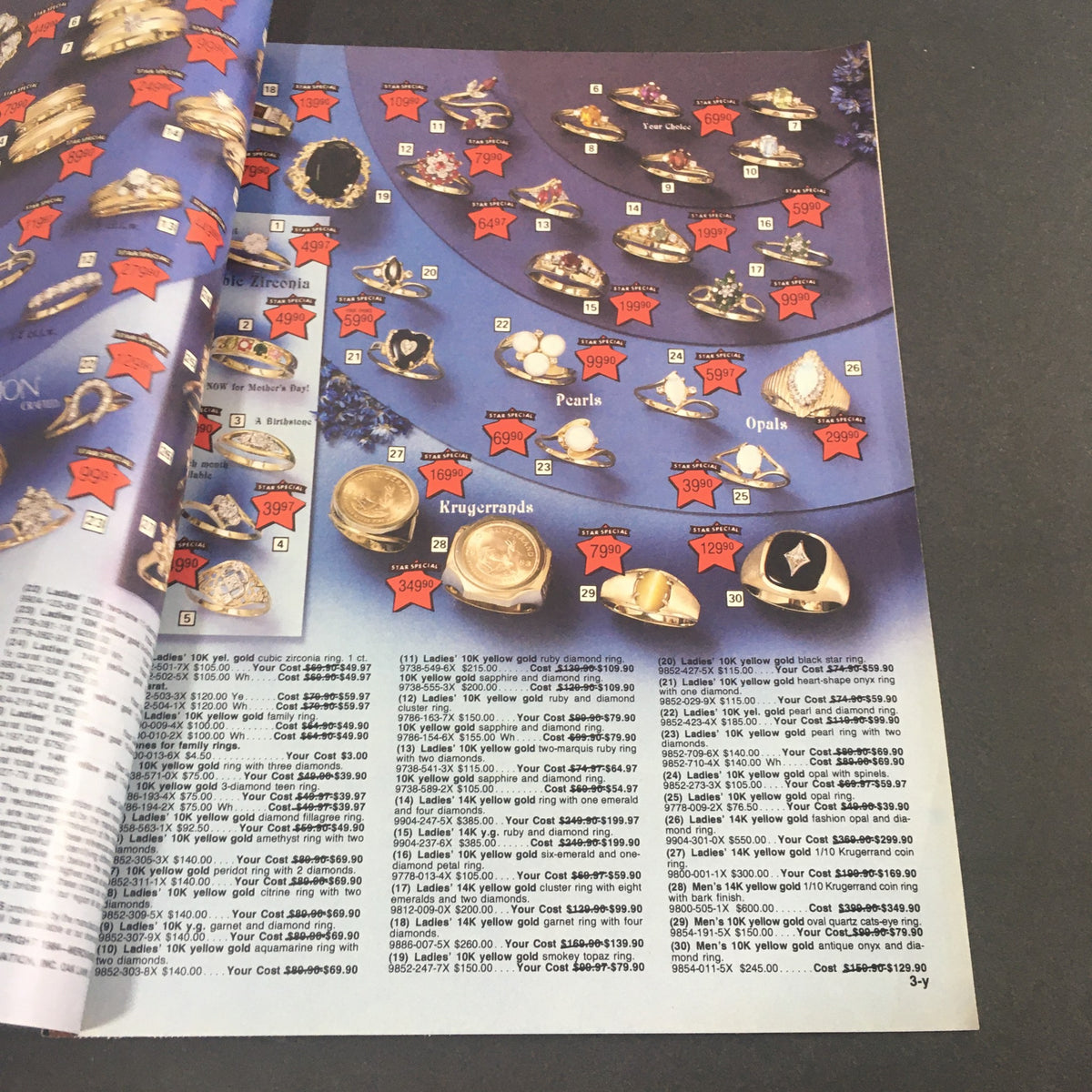 Page from the VTG April 28 1984 Present Co. Spring Catalog featuring jewelry items such as rings and pearls, with marked sale prices and a blue background.
