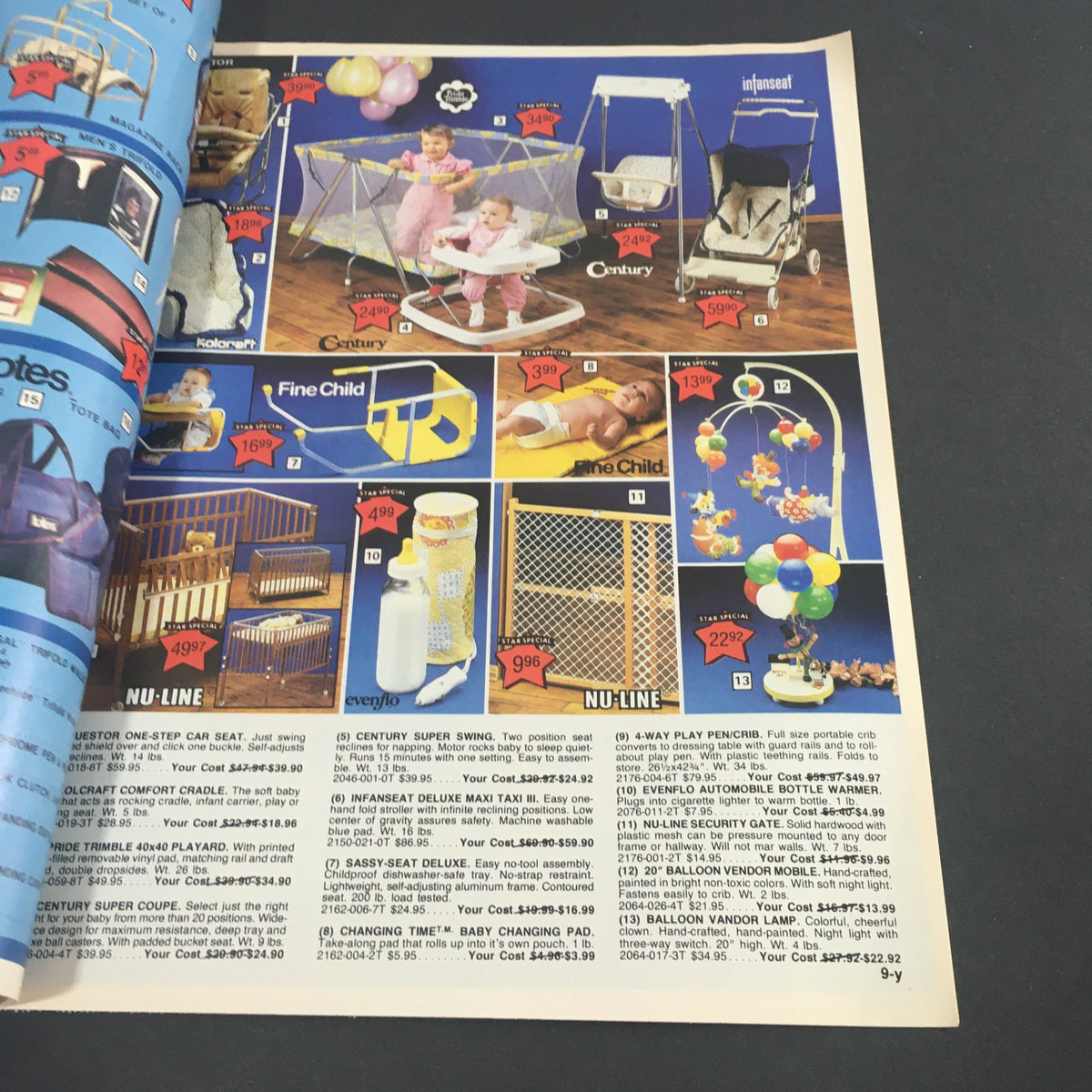 VTG April 28 1984 Present Co. Totes, Norelco, Cobra, Char-Boil Spring Catalog featuring a page of baby products including swings and cribs, with displayed prices.