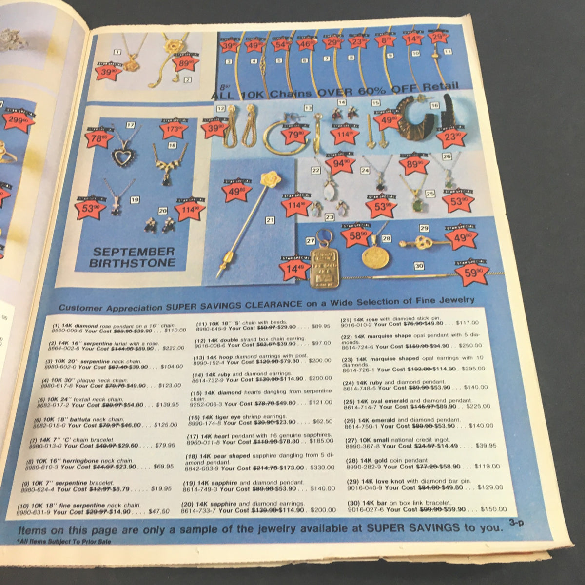Vintage August 1982 Present Co. Back To School Savings Catalog showing a variety of fine jewelry on sale with discounts noted in red stars, categorized under 'September Birthstone' with detailed price listings.