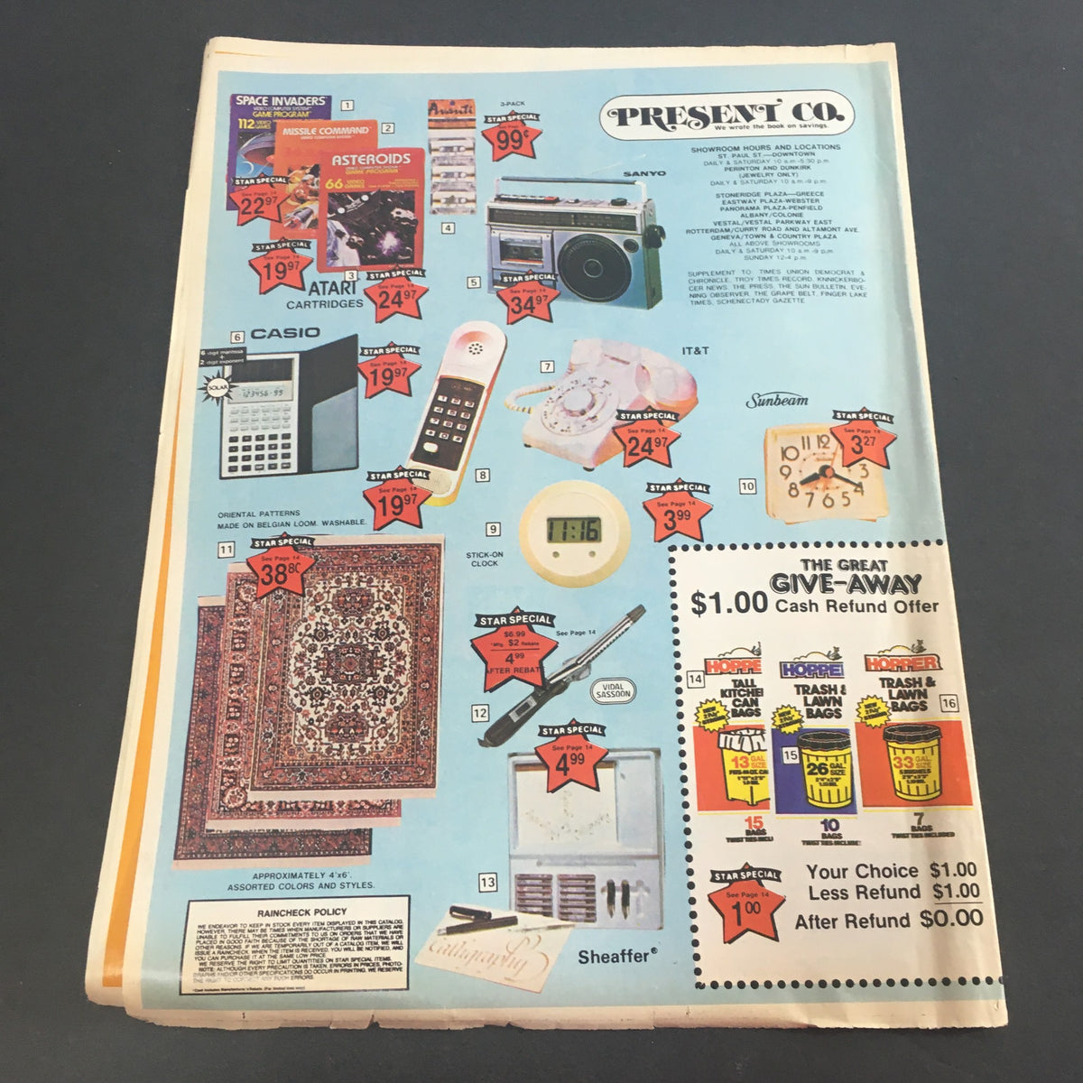 Vintage August 1982 Present Co. Back To School Savings Catalog featuring various electronic items and a great giveaway offer, highlighting deals on everyday products.