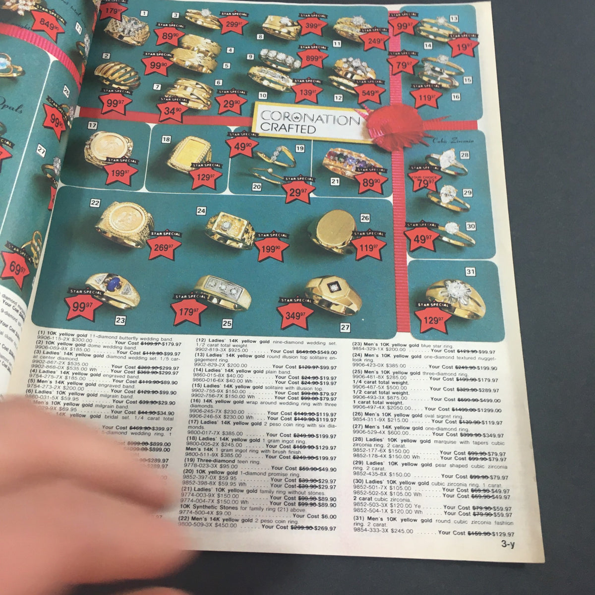 VTG December 1983 Present Co. Holiday Sale Catalog page featuring a variety of rings and jewelry with price tags, highlighting affordable options for holiday gift giving.