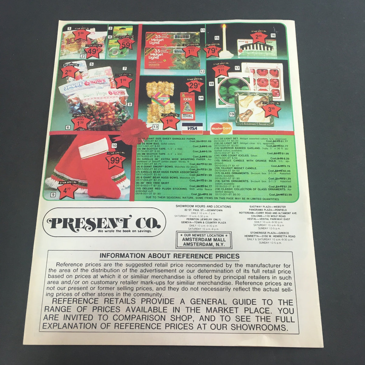 VTG December 1983 Present Co. Holiday Sale Catalog back cover displaying holiday items, gift wrap, and prices for a festive shopping experience.