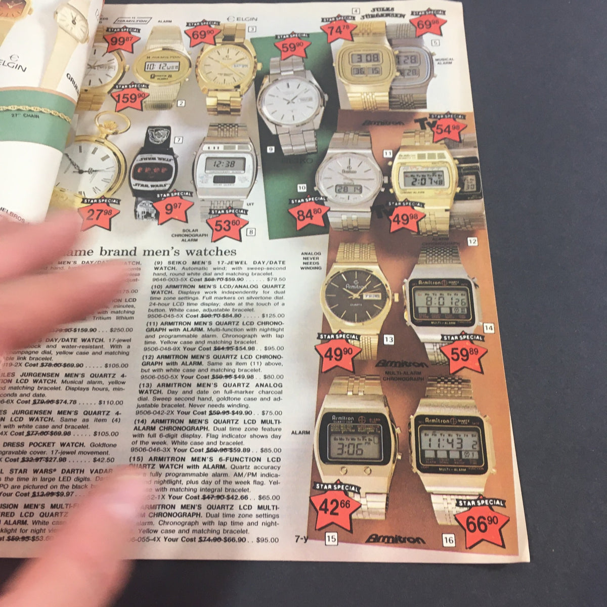 VTG November 1979 Present Company Star Special Sale Catalog page featuring a variety of men's watches with price tags, showcasing different styles and brands.