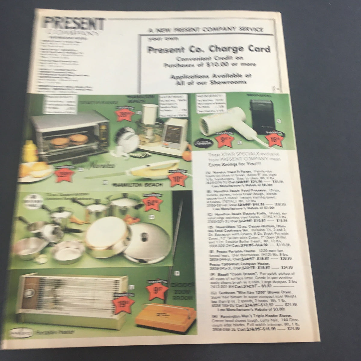 VTG November 1979 Present Company Star Special Sale Catalog page displaying kitchen appliances and cookware with price tags, highlighting offers from renowned brands.
