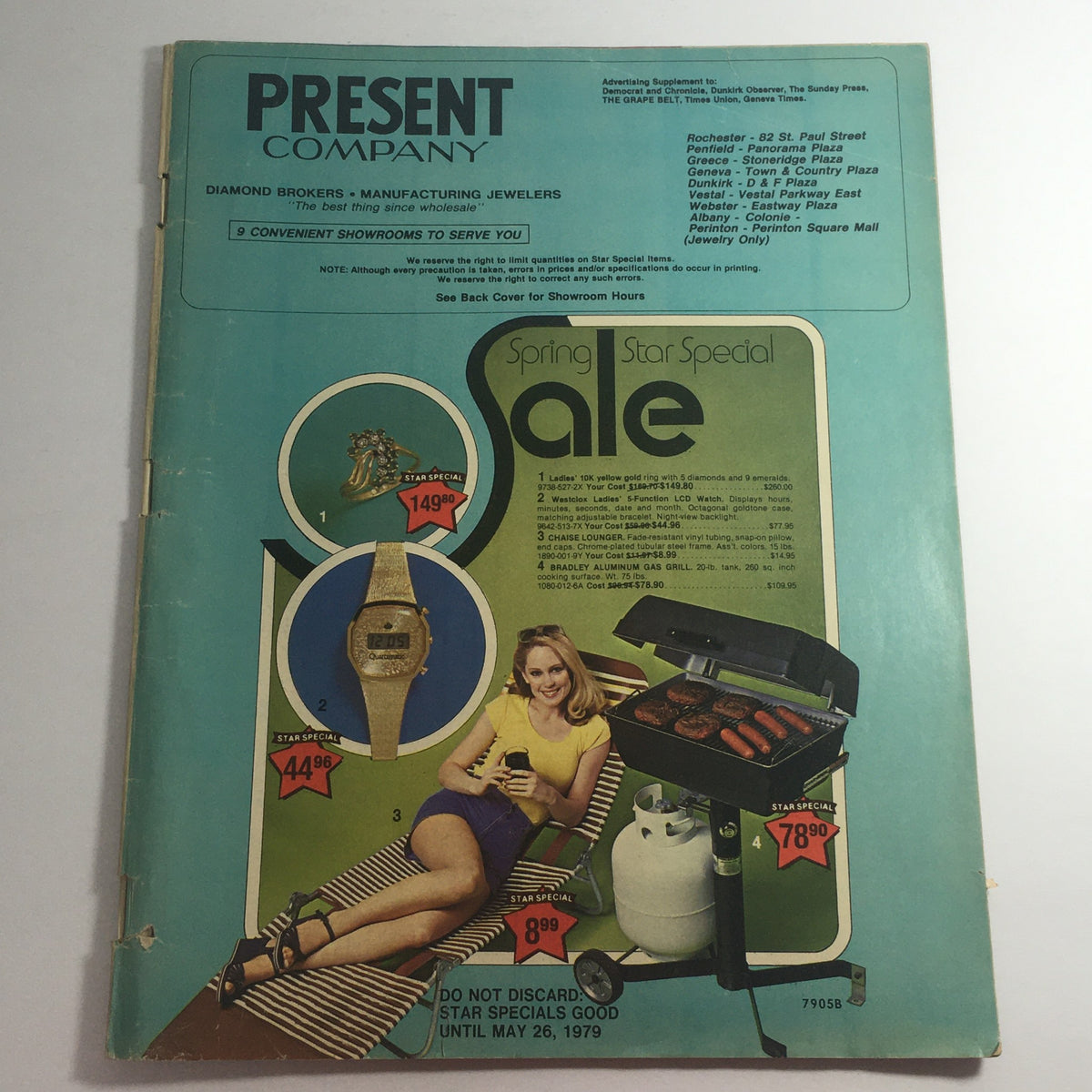 Vintage May 1979 Present Company Spring Star Special Chaise Lounger Price Catalog cover featuring a woman lounging, grill, and prices listed such as $8.99 for the chaize lounger.