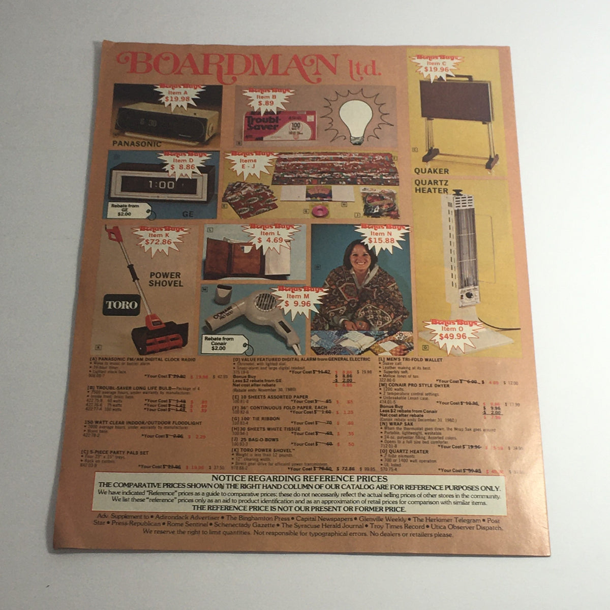 VTG 1983 Boardman Ltd. 28th Anniversary Sale Clairol & G.E. Items Price Catalog featuring electronic appliances and various products with special pricing highlights.