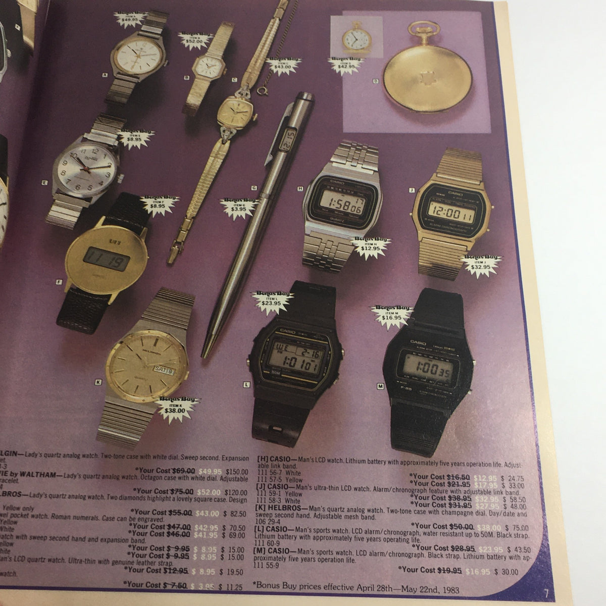 Vintage April 1983 Boardman Ltd. Bonus Panasonic Hibachi Sale Price Guide Catalog featuring a variety of wristwatches, pocket watches, and writing instruments, showcasing prices and offers.