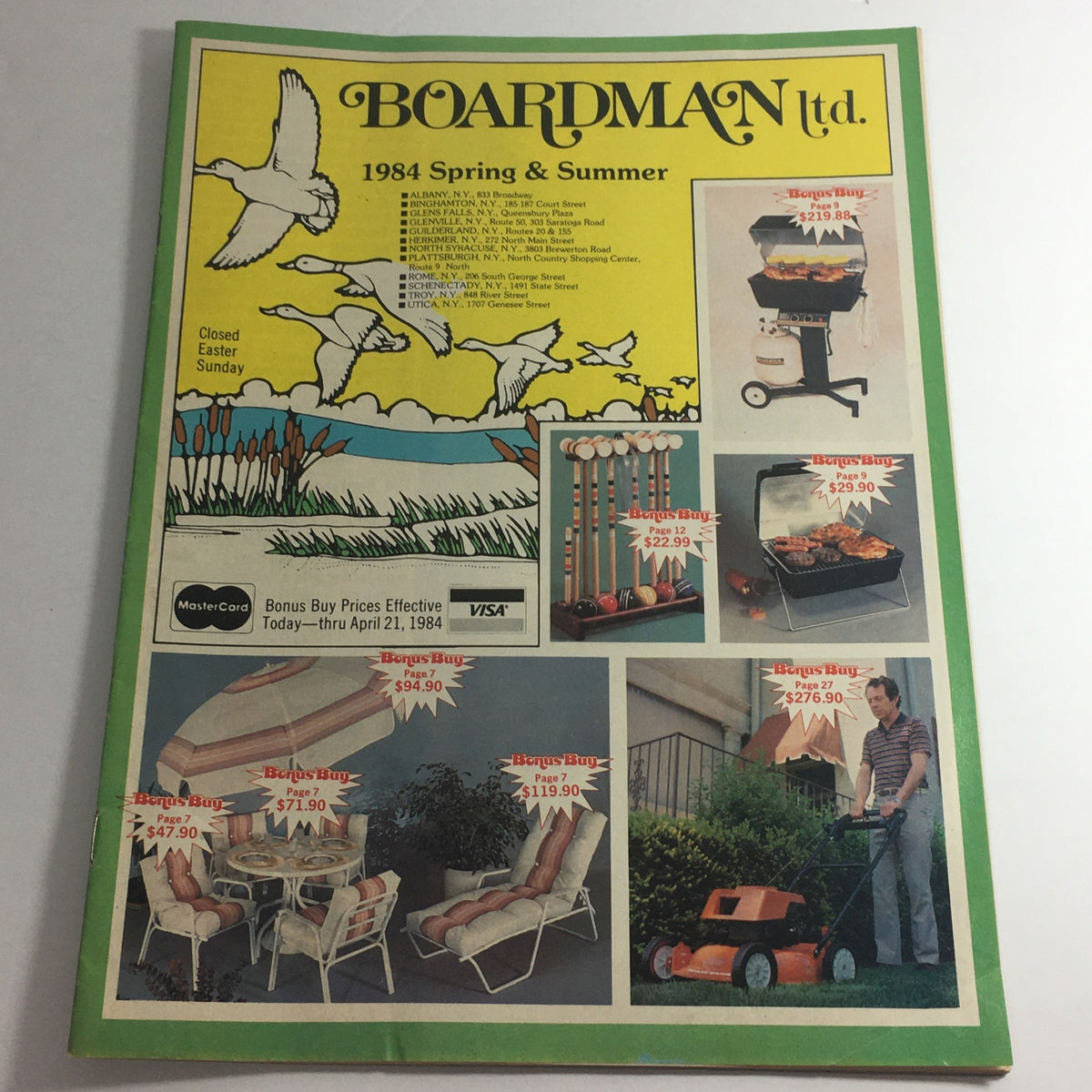Cover of the VTG Spring Summer 1987 Boardman Ltd. Jacobsen Brand Items Price Guide Catalog, featuring outdoor products and pricing details, designed with vibrant colors and an artistic illustration of birds.
