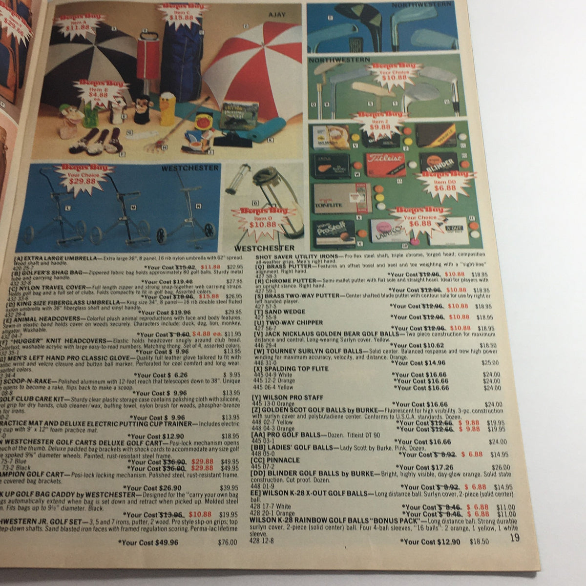 VTG Spring Summer 1987 Boardman Ltd. Jacobsen Brand Items Price Guide Catalog presenting various golf products, including clubs and accessories, with prices listed.