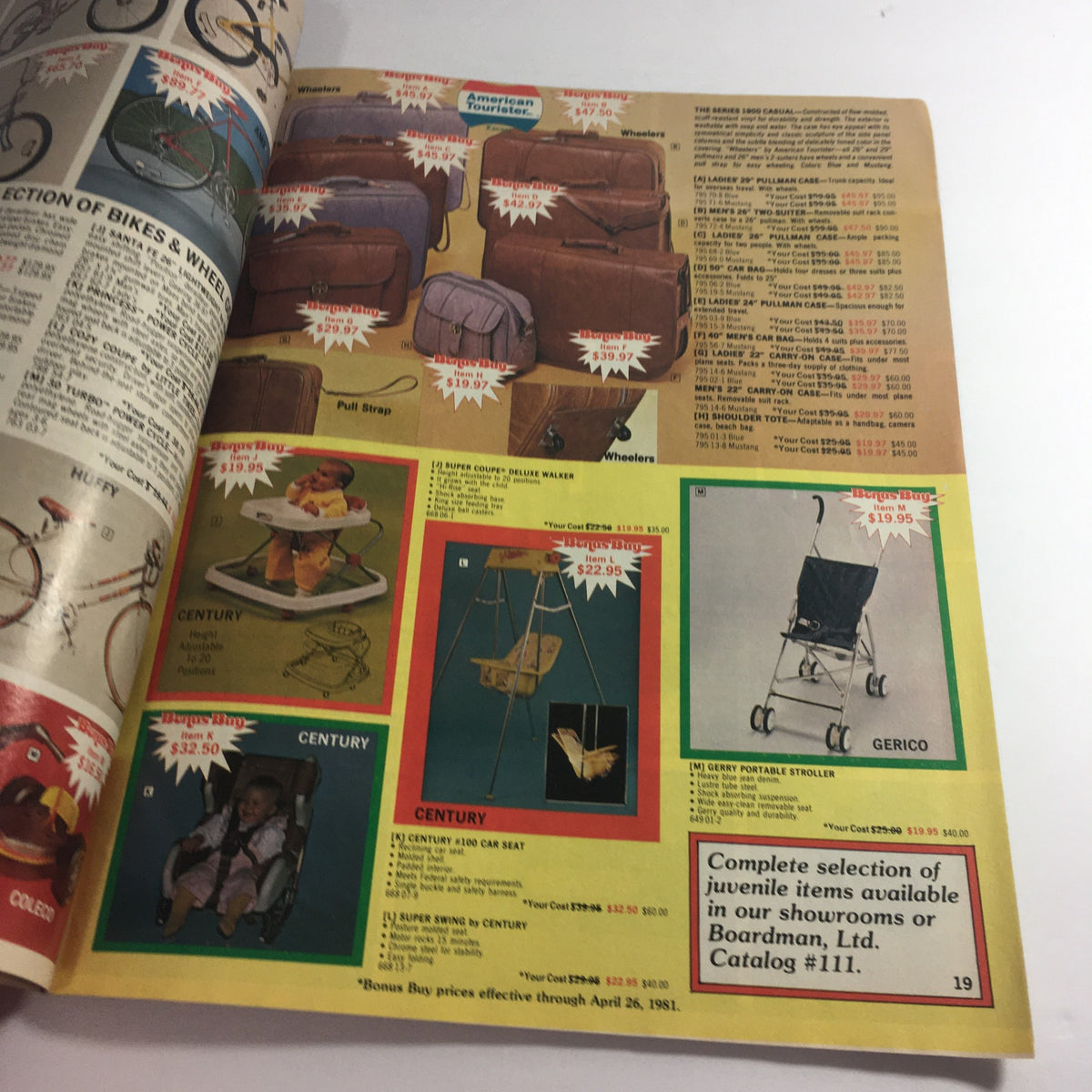 Interior page from the VTG April 1982 Boardman Ltd. Char-Broil, Gott, Gas Brands Price Guide Catalog displaying a selection of juvenile items, including car seats and strollers.
