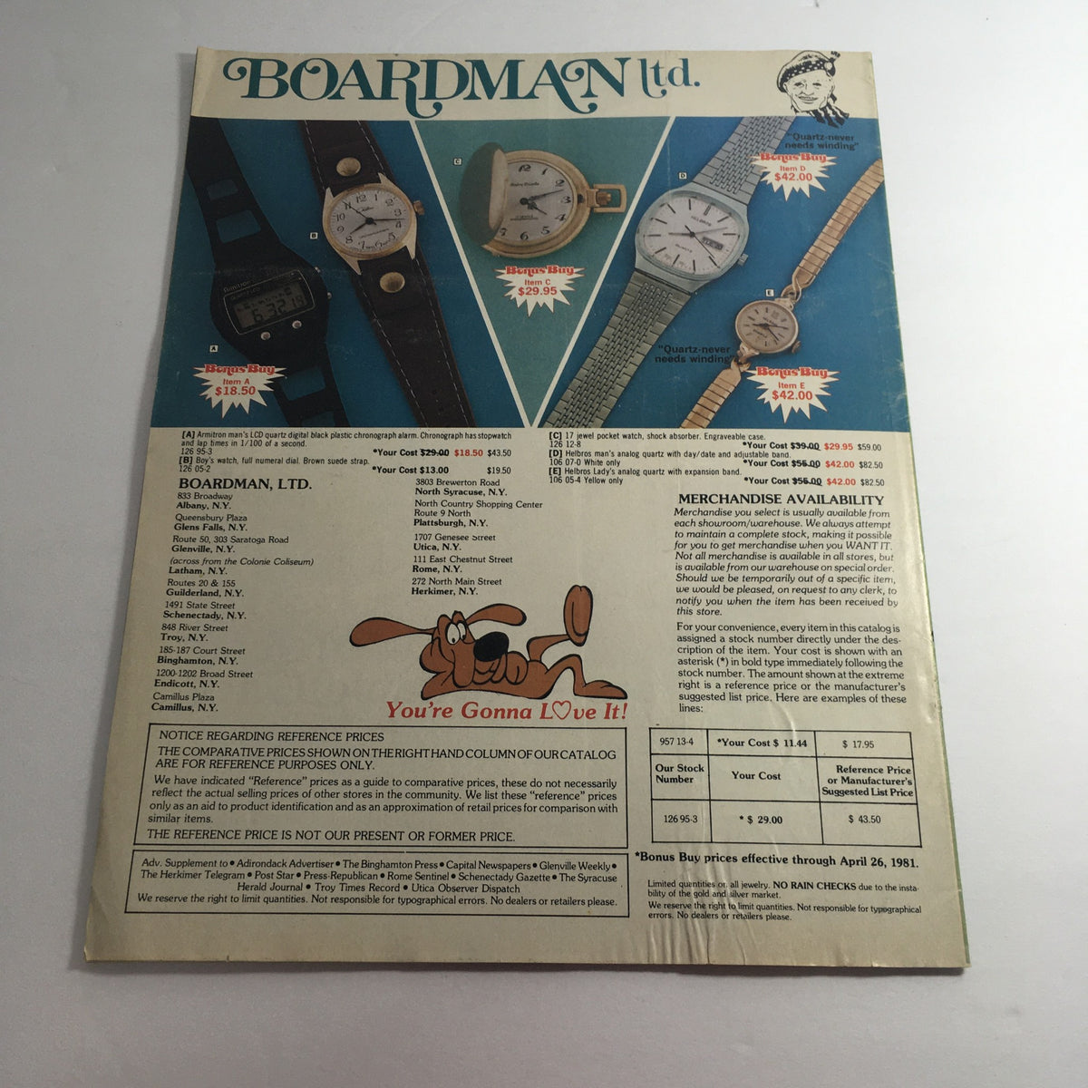 Back cover of the VTG April 1982 Boardman Ltd. Char-Broil, Gott, Gas Brands Price Guide Catalog featuring wristwatches and a playful mascot with pricing information.