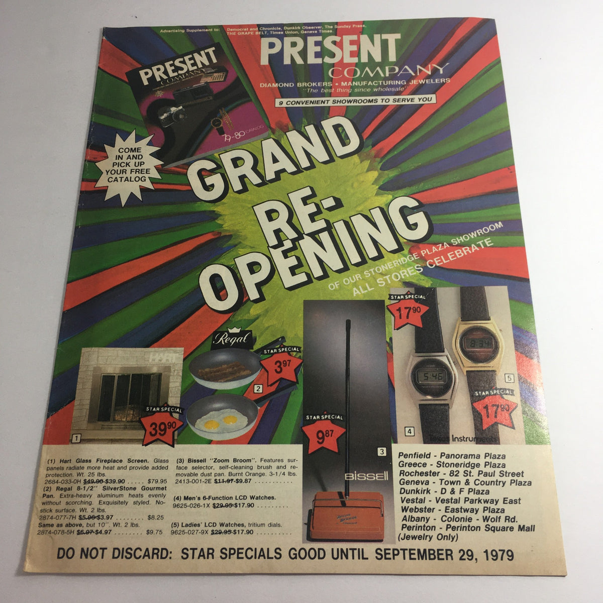 VTG September 1979 Present Company Grand Re-Opening Memorex Price Guide Catalog featuring colorful advertisement and various products including electronics and home goods.