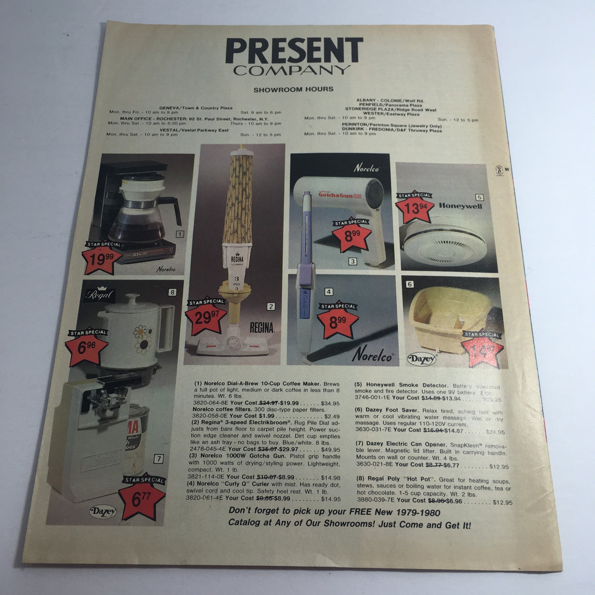 Back cover of the VTG September 1979 Present Company Grand Re-Opening Memorex Price Guide Catalog featuring kitchen appliances and home goods with pricing and promotional information.