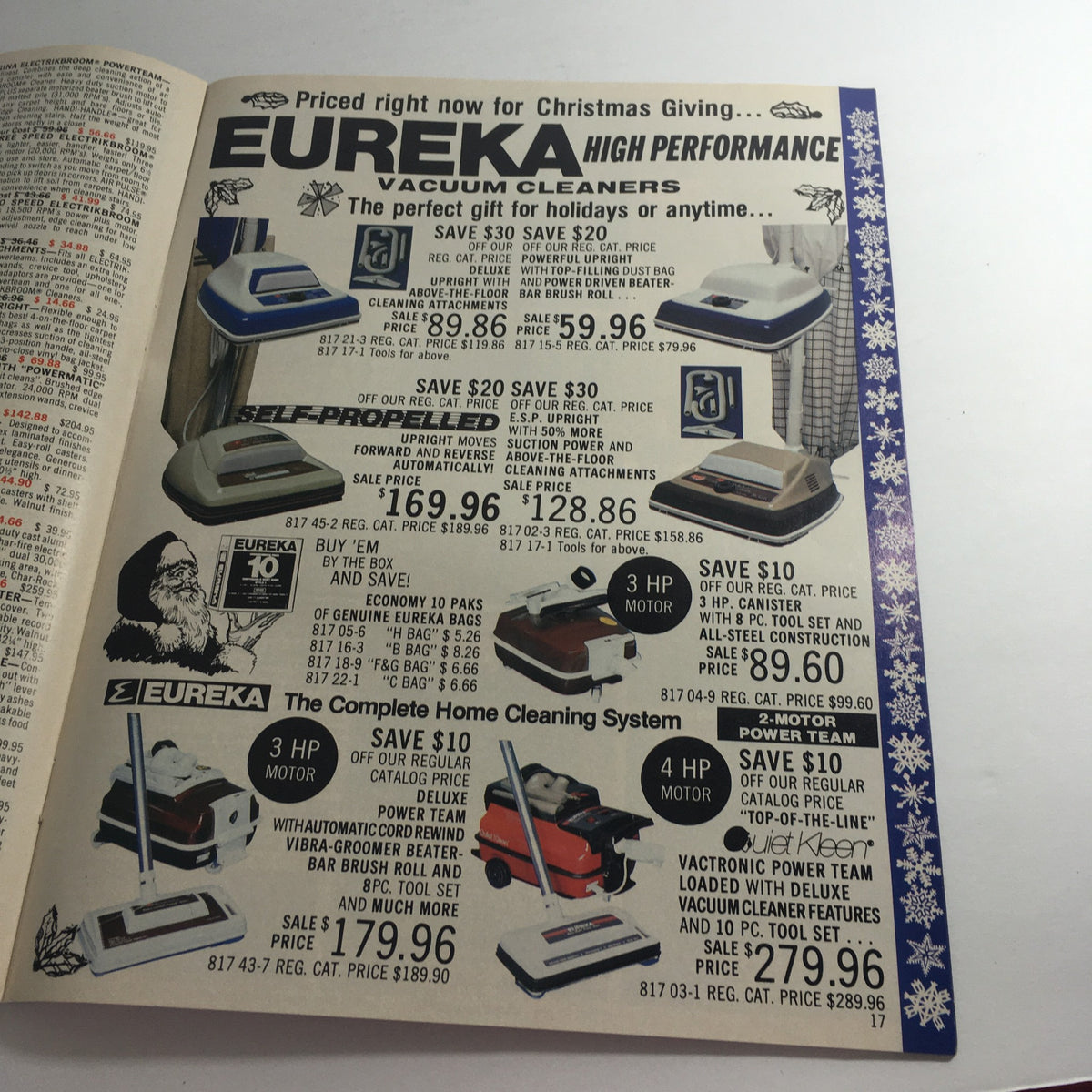 Advertisement for Eureka High Performance Vacuum Cleaners from the VTG December 1983 Boardman Ltd. International Silver Co. Price Guide Catalog, showcasing various models and their prices along with promotional savings.
