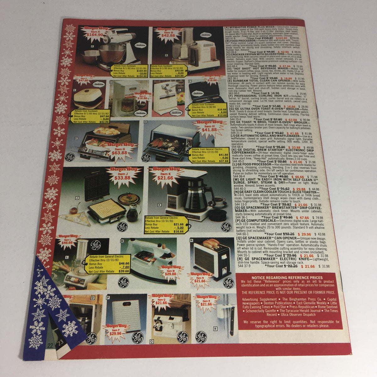 Product advertisement page featuring various kitchen appliances and their prices from the VTG December 1983 Boardman Ltd. International Silver Co. Price Guide Catalog, highlighting discounts and available offers.