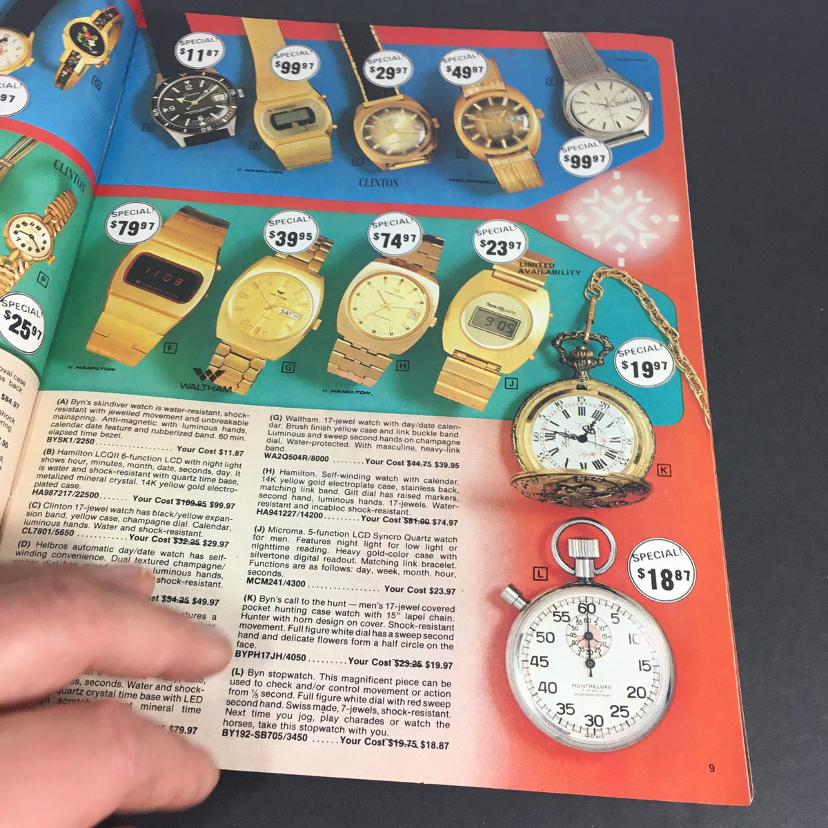 VTG November 1977 Townsmen Christmas Supplement showcasing various watches, including brands like Clinton and Valentina, with prices and offers.