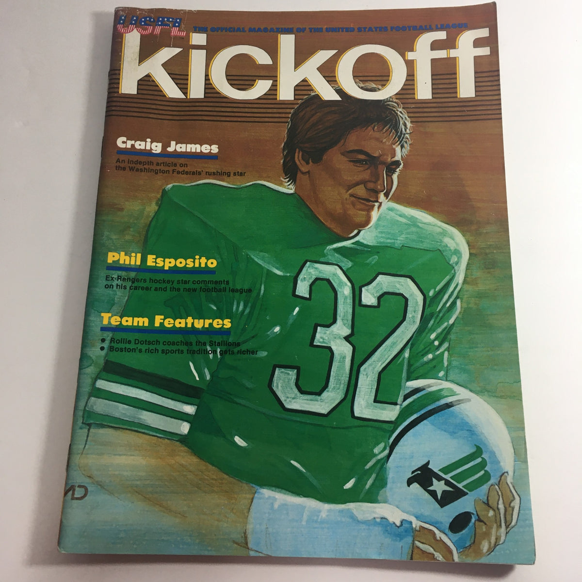 Cover of the VTG USFL Kickoff Official Magazine 1983 featuring Craig James and Phil Esposito, showcasing sports history and vintage football culture.