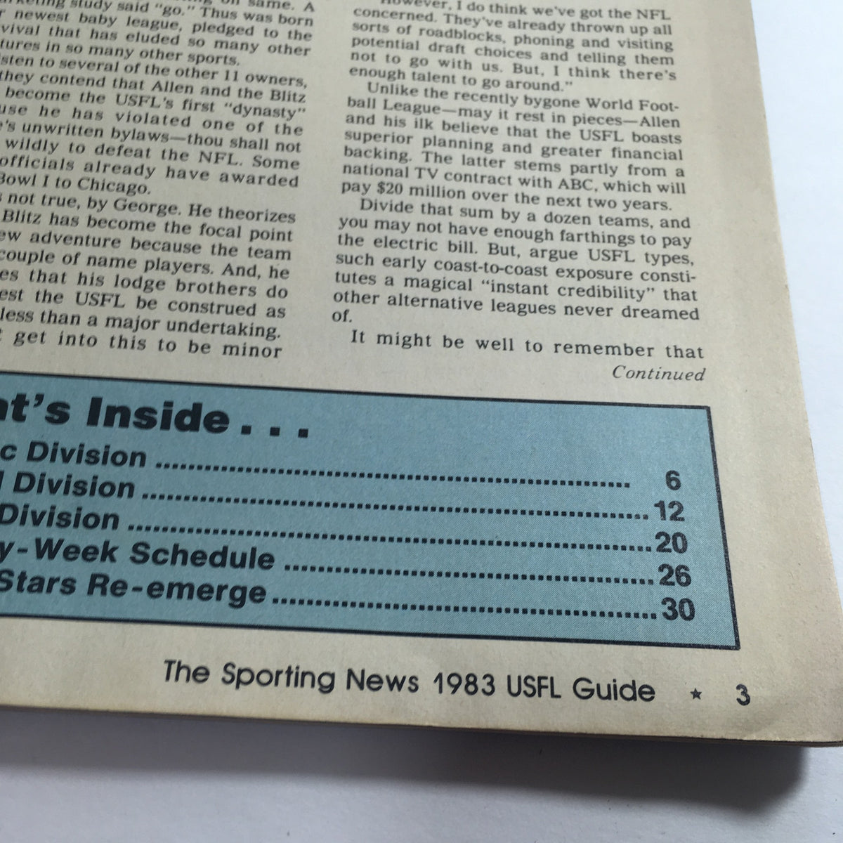Page detail from the VTG USFL Kickoff Official Magazine 1983 - The Sporting News, showcasing the table of contents for the inaugural season of the USFL.