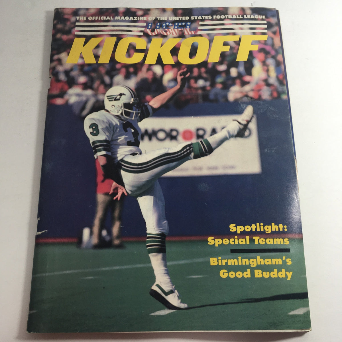 VTG USFL Kickoff Official Magazine 1984 Vol. 2 #3 featuring a player in a kicking pose, showcasing the style and spirit of the United States Football League.