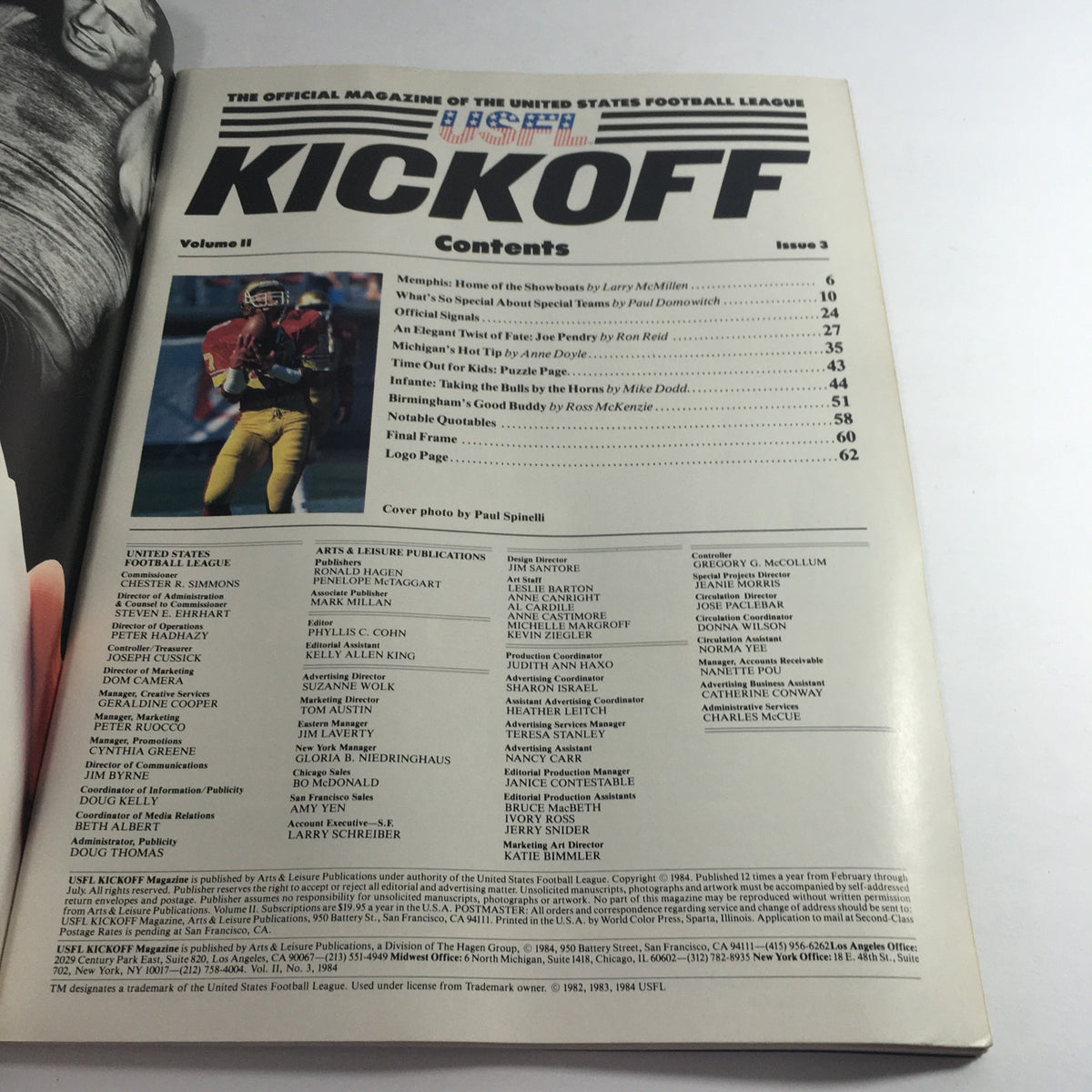 Inside page of the VTG USFL Kickoff Official Magazine 1984 Vol. 2 #3 displaying the table of contents, highlighting articles and features related to USFL football.