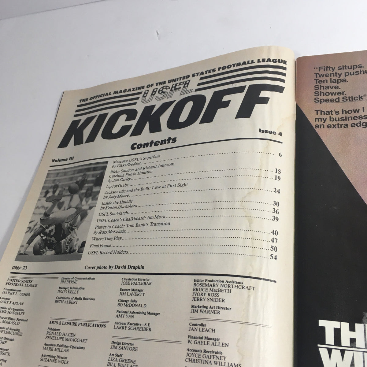 Inside page of VTG USFL Kickoff Official Magazine 1985 Vol 3 #4 showing the table of contents with highlighted articles about Ricky Sanders and Richard Johnson.