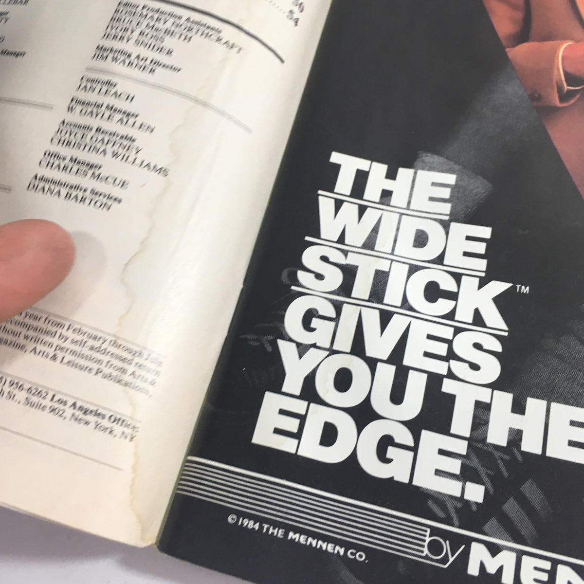 Close-up of an advertisement in VTG USFL Kickoff Official Magazine 1985 Vol 3 #4 featuring a product called 'The Wide Stick' by Mennen.
