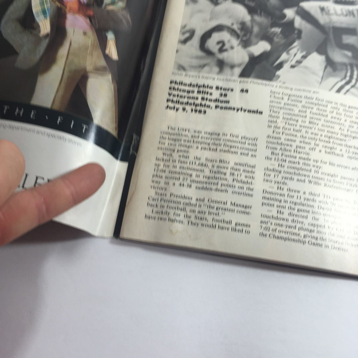 Interior page of the VTG USFL Kickoff Official Magazine 1985 highlighting a significant moment in a game, with text discussing Philadelphia Stars.