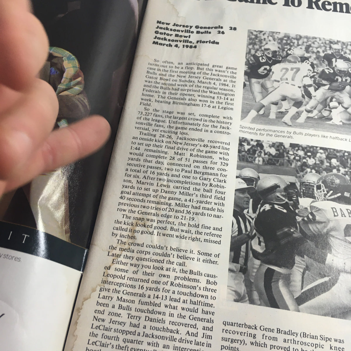 Close-up of a page from the VTG USFL Kickoff Official Magazine 1985 Vol. 3 #2 featuring a game summary of the New Jersey Generals vs Jacksonville Bulls played in the Gator Bowl, with statistics and commentary.