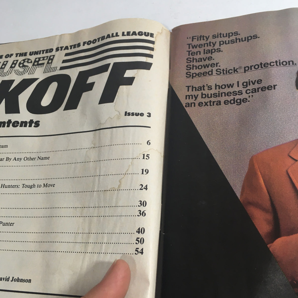 Contents page of VTG USFL Kickoff Official Magazine 1985 Vol. 3 #2, listing articles including fitness tips and player features, showcasing 1980s football culture.