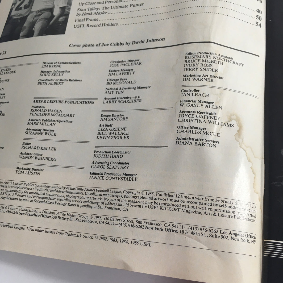 Page from the VTG USFL Kickoff Official Magazine 1985 Vol. 3 #2 detailing editorial credits and production information, reflecting the publication’s dedication to sports journalism.