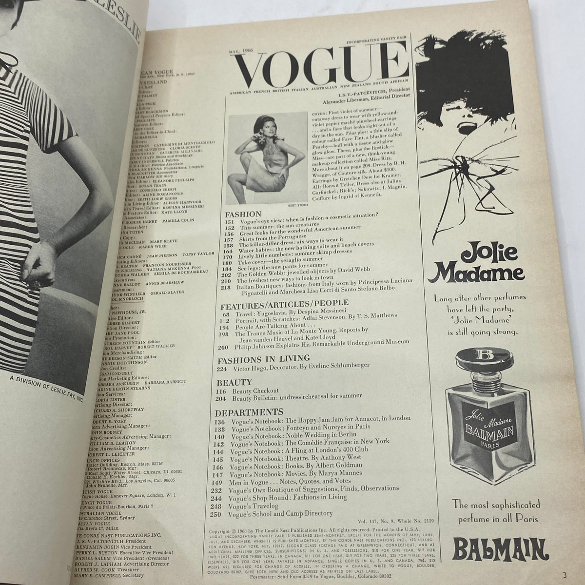 Interior page of VTG Vogue Magazine October 1, 1962, featuring a model in a striped outfit and content list including fashion articles and advertisements.
