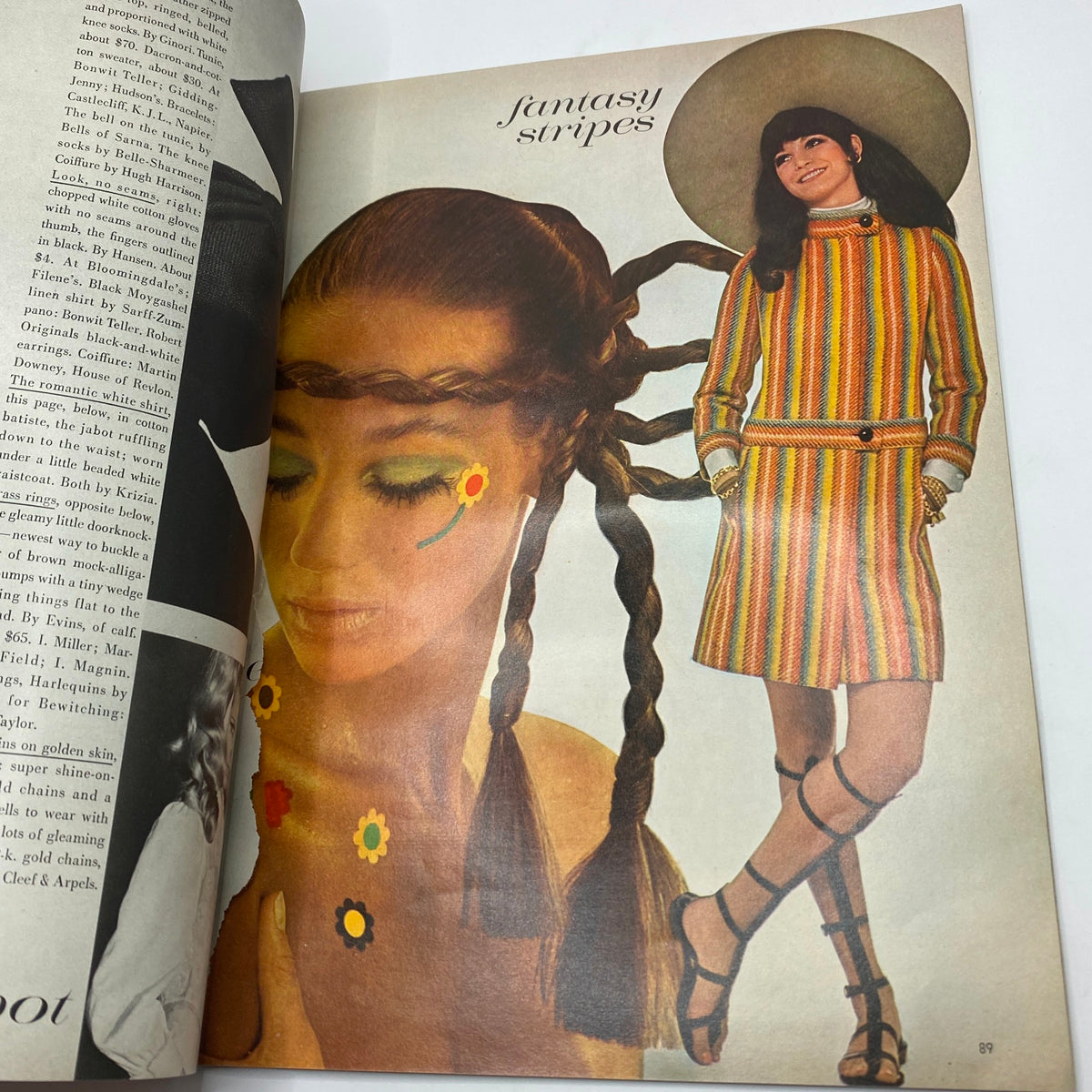 Page from VTG Vogue Magazine January 1 1968 showcasing a colorful fashion spread titled 'Fantasy Stripes' with vibrant patterns.